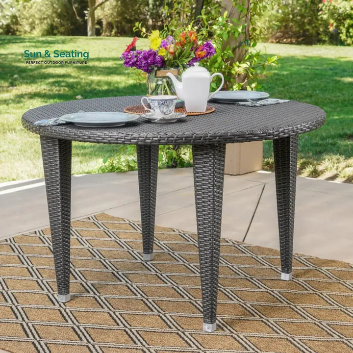 Outdoor Wicker Round Patio Dining Table (Dark Brown) Table