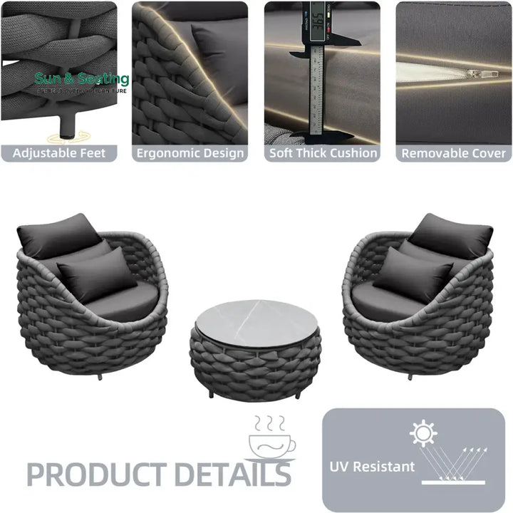 Outlee Outdoor Patio Seating Set 2 Chairs and 1 Table Set (Dark Grey) Braided &amp; Rope Coffee Table Sets
