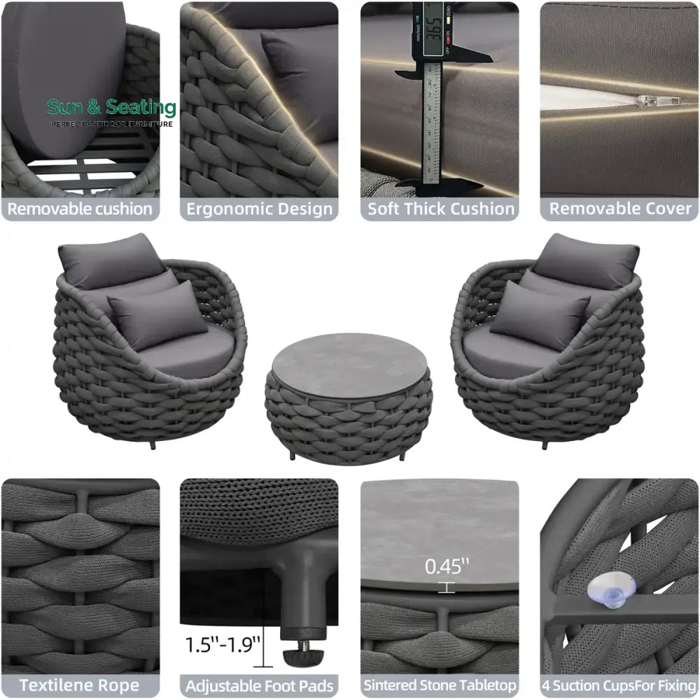 Outlee Outdoor Patio Seating Set 2 Chairs and 1 Table Set (Dark Grey) Braided &amp; Rope Coffee Table Sets