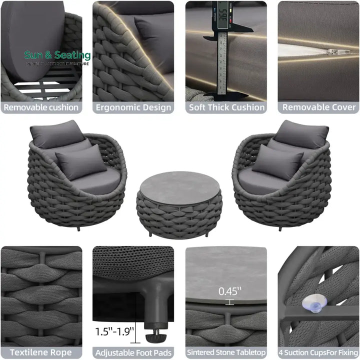 Outlee Outdoor Patio Seating Set 2 Chairs and 1 Table Set (Dark Grey) Braided &amp; Rope Coffee Table Sets