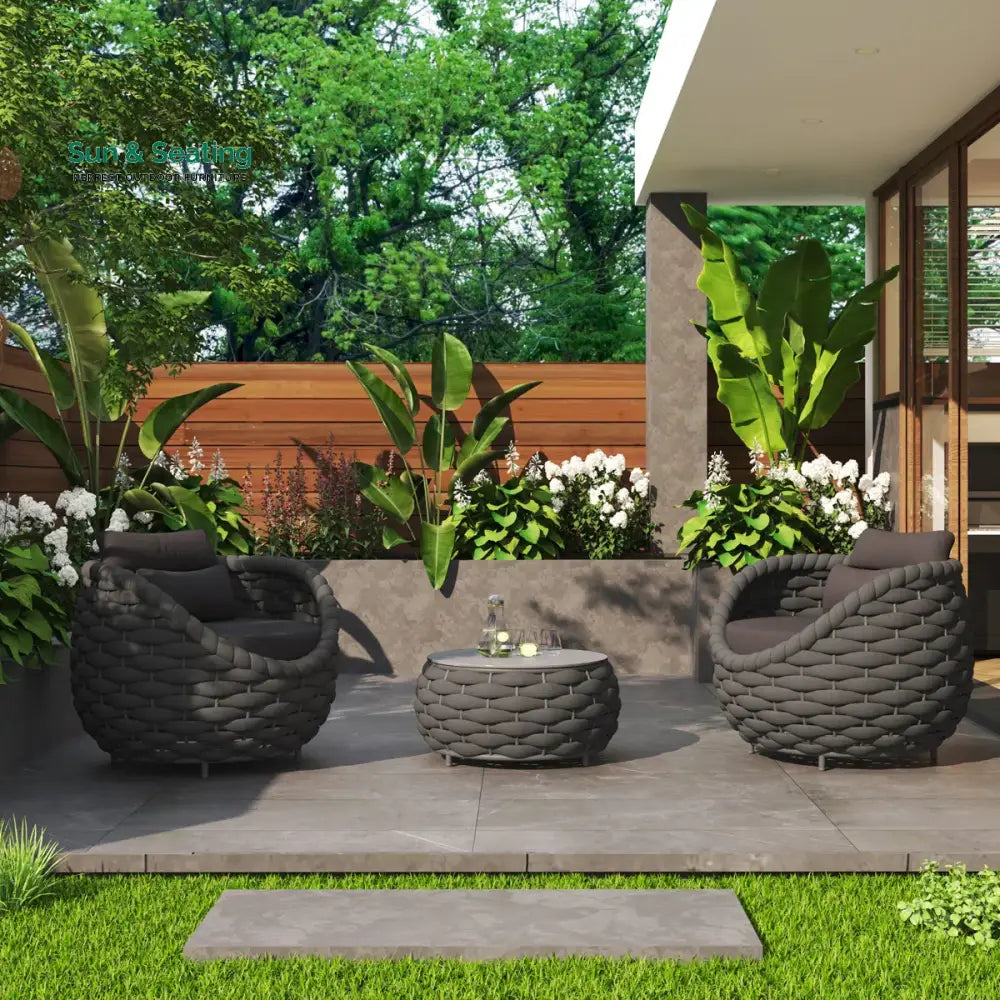 Outlee Outdoor Patio Seating Set 2 Chairs and 1 Table Set (Dark Grey) Braided & Rope Coffee Table Sets