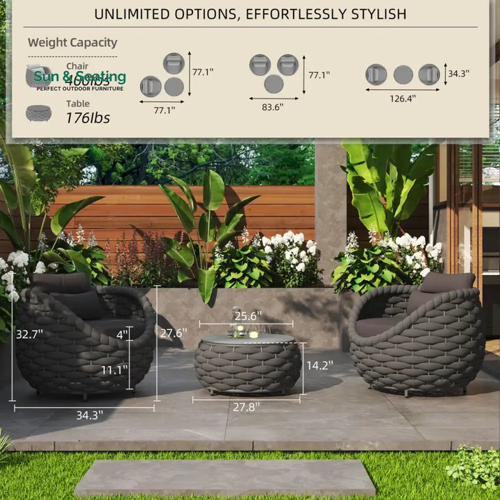 Outlee Outdoor Patio Seating Set 2 Chairs and 1 Table Set (Dark Grey) Braided &amp; Rope Coffee Table Sets