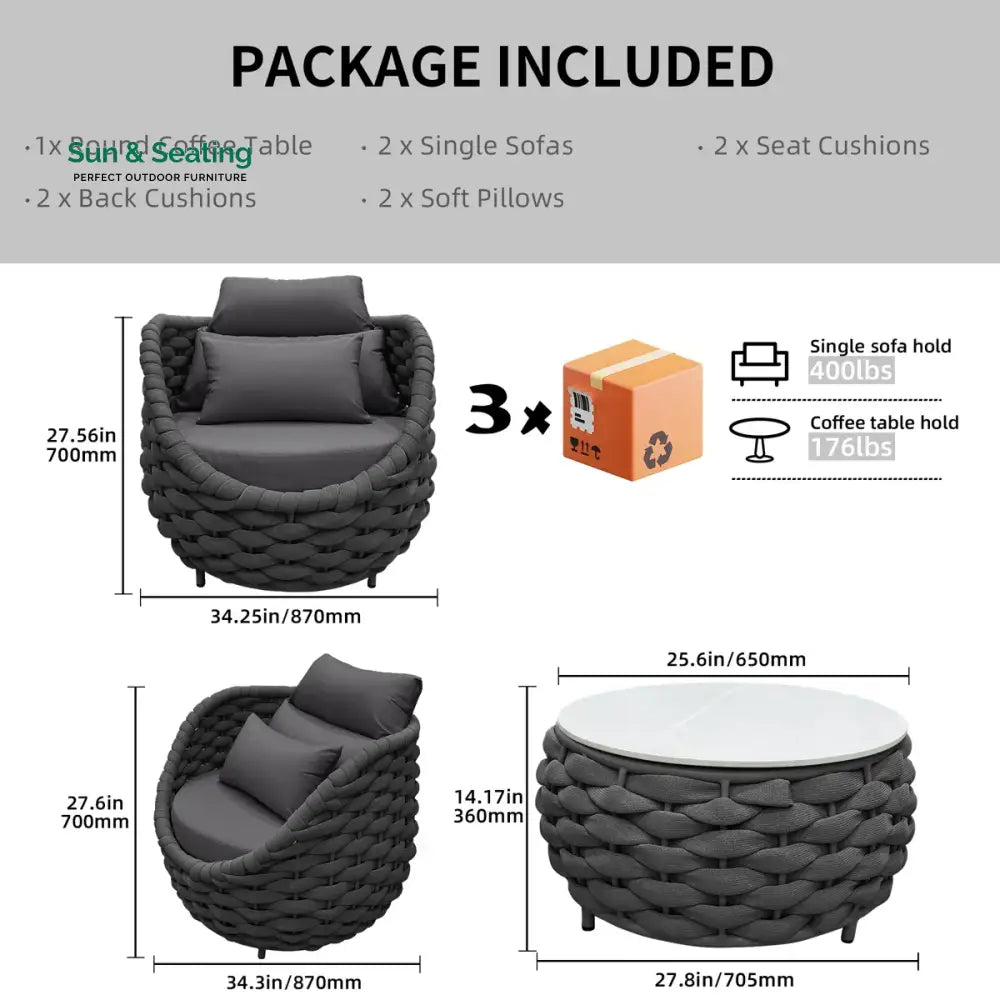 Outlee Outdoor Patio Seating Set 2 Chairs and 1 Table Set (Dark Grey) Braided &amp; Rope Coffee Table Sets