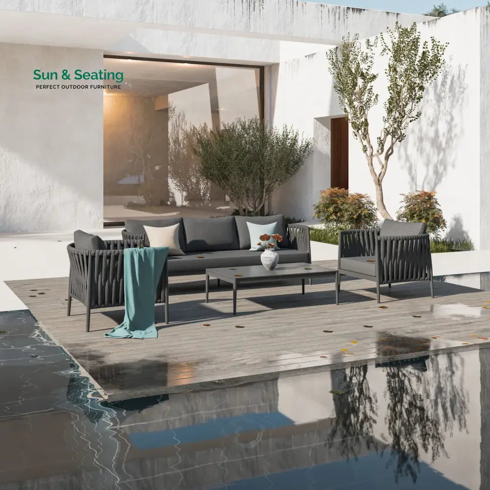 Pablo Outdoor Garden Balcony Sofa Set 3 Seater 2 Single seater and 1 Table Set Braid &amp; Rope (Dark Grey) Sofa Sets