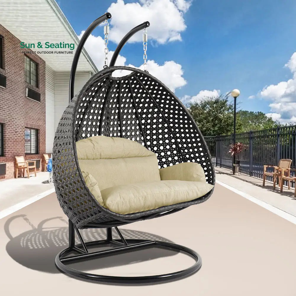 Paccio Double Seater Hanging Swing With Stand For Balcony Garden Swing (Dark Grey) Beige Swings