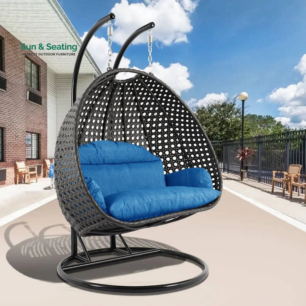 Paccio Double Seater Hanging Swing With Stand For Balcony Garden Swing (Dark Grey) Blue Swings