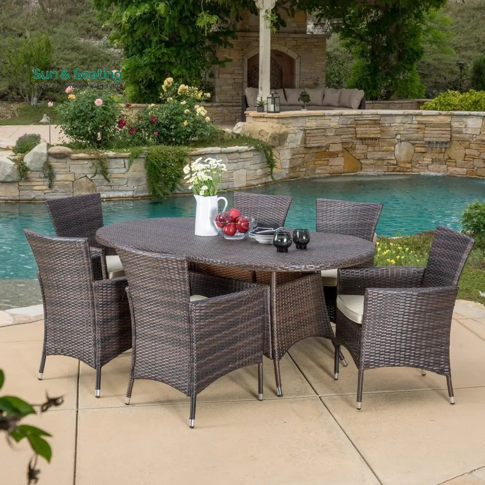 Palesa 7-Piece Outdoor Rattan Wicker Dining Table Set Dining Set