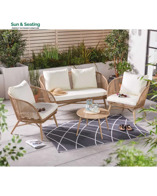 Palmer Outdoor Garden Balcony Sofa Set 2 Seater 2 Single seater and 1 Center Table Set (White + Tan) Sofa Sets