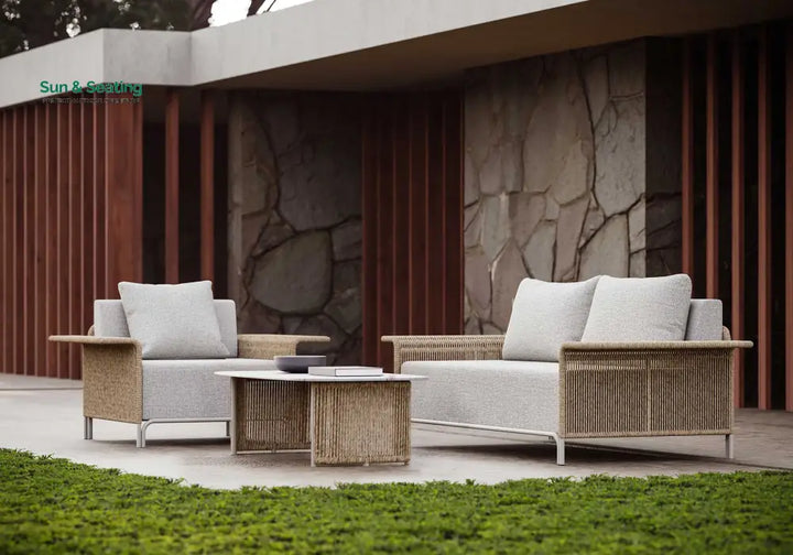 Parlak Outdoor Garden Balcony Sofa Set 2 Seater 2 Single seater and 1 Center Table Set (Honey) Braided &amp; Rope Sofa Sets
