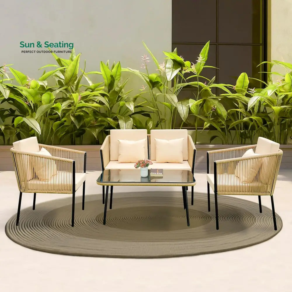 Parna Outdoor Garden Balcony Sofa Set 2 Seater 2 Single Seater 1 Center Table Set Braided and Rope Beige Sofa Sets