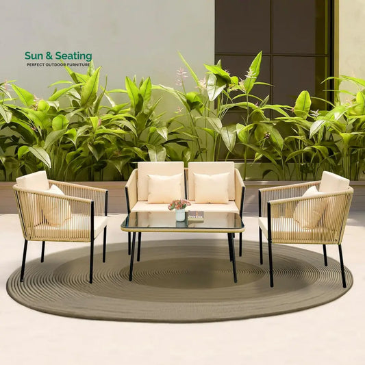 Parna Outdoor Garden Balcony Sofa Set 2 Seater 2 Single Seater 1 Center Table Set Braided and Rope Beige Sofa Sets