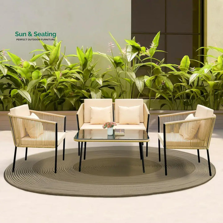Parna Outdoor Garden Balcony Sofa Set 2 Seater 2 Single Seater 1 Center Table Set Braided and Rope Beige Sofa Sets
