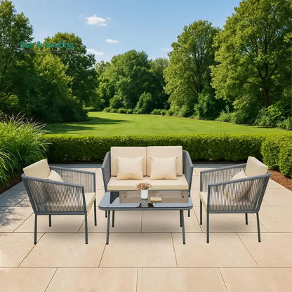 Parna Outdoor Garden Balcony Sofa Set 2 Seater 2 Single Seater 1 Center Table Set Braided and Rope Gray Sofa Sets