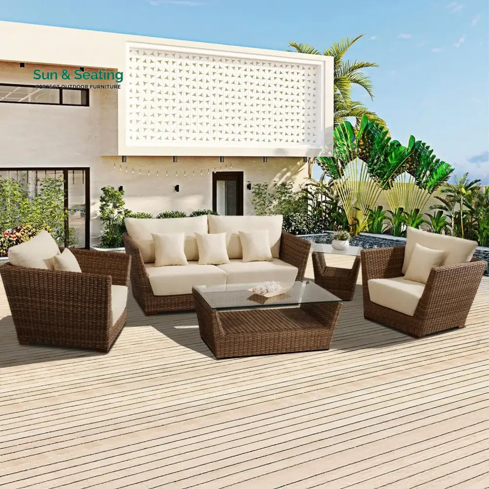 Patricia 5-Piece Outdoor Wicker Sofa Set With 2-Tier Glass Top Tables Sofa Set