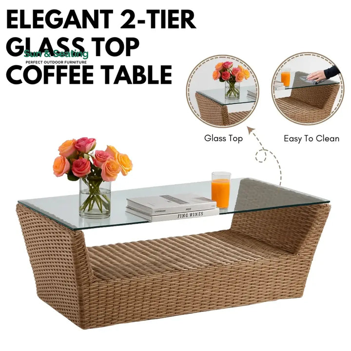 Patricia 5-Piece Outdoor Wicker Sofa Set With 2-Tier Glass Top Tables Sofa Set