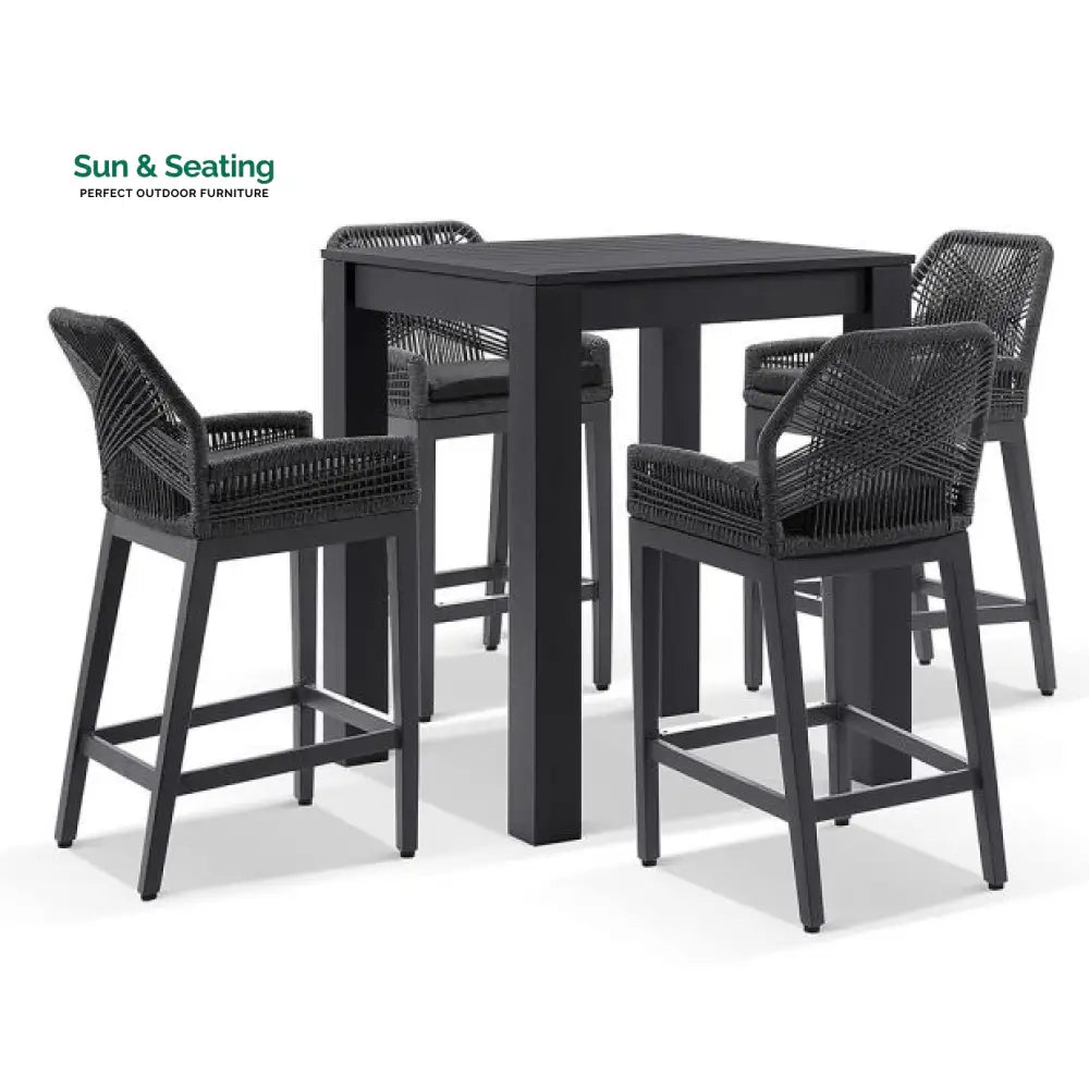 Perla Outdoor Patio Bar Sets 4 Chairs and 1 Table Braided &amp; Rope Black Bar Sets