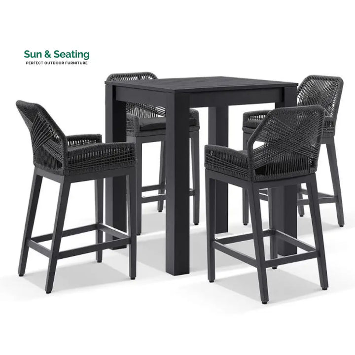 Perla Outdoor Patio Bar Sets 4 Chairs and 1 Table Braided &amp; Rope Black Bar Sets