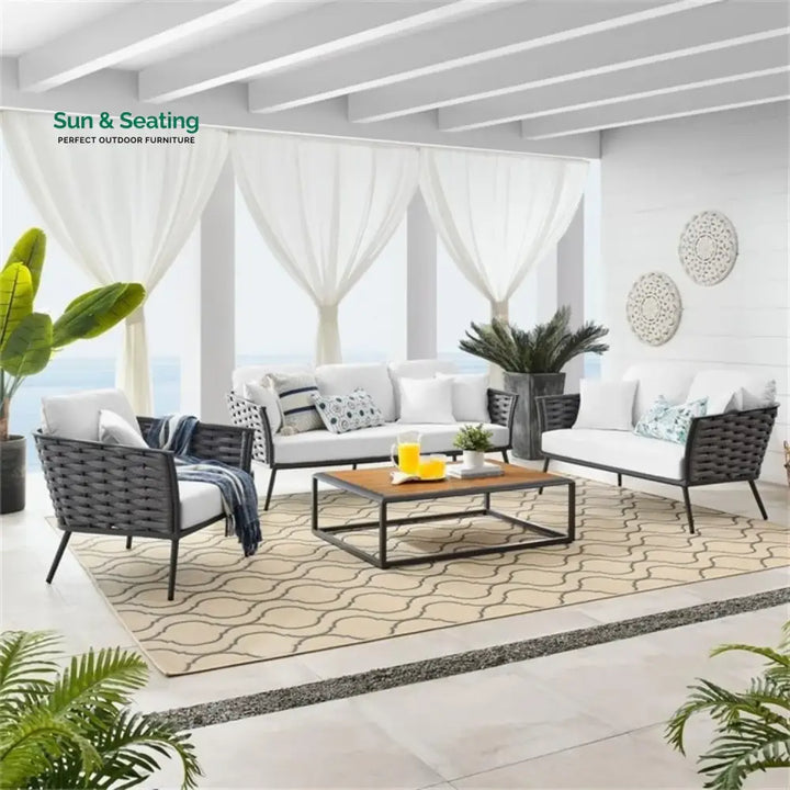 Persephone 4 Piece Outdoor Rope Sofa Set with Wooden Top Table Sofa Set