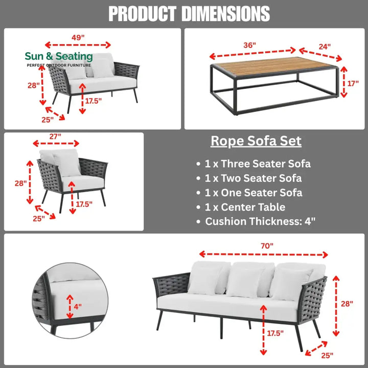 Persephone 4 Piece Outdoor Rope Sofa Set with Wooden Top Table Sofa Set