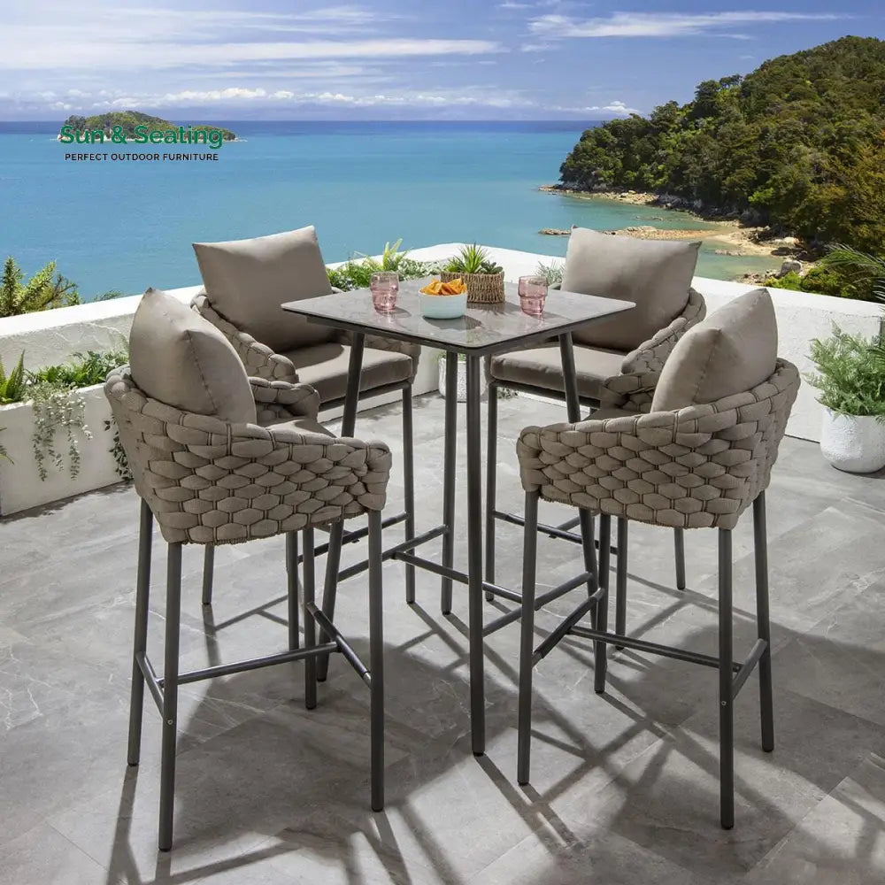 Pico Outdoor Patio Bar Set 4 Chairs and 1 Table Set (Black) Braided &amp; Rope Bar Sets