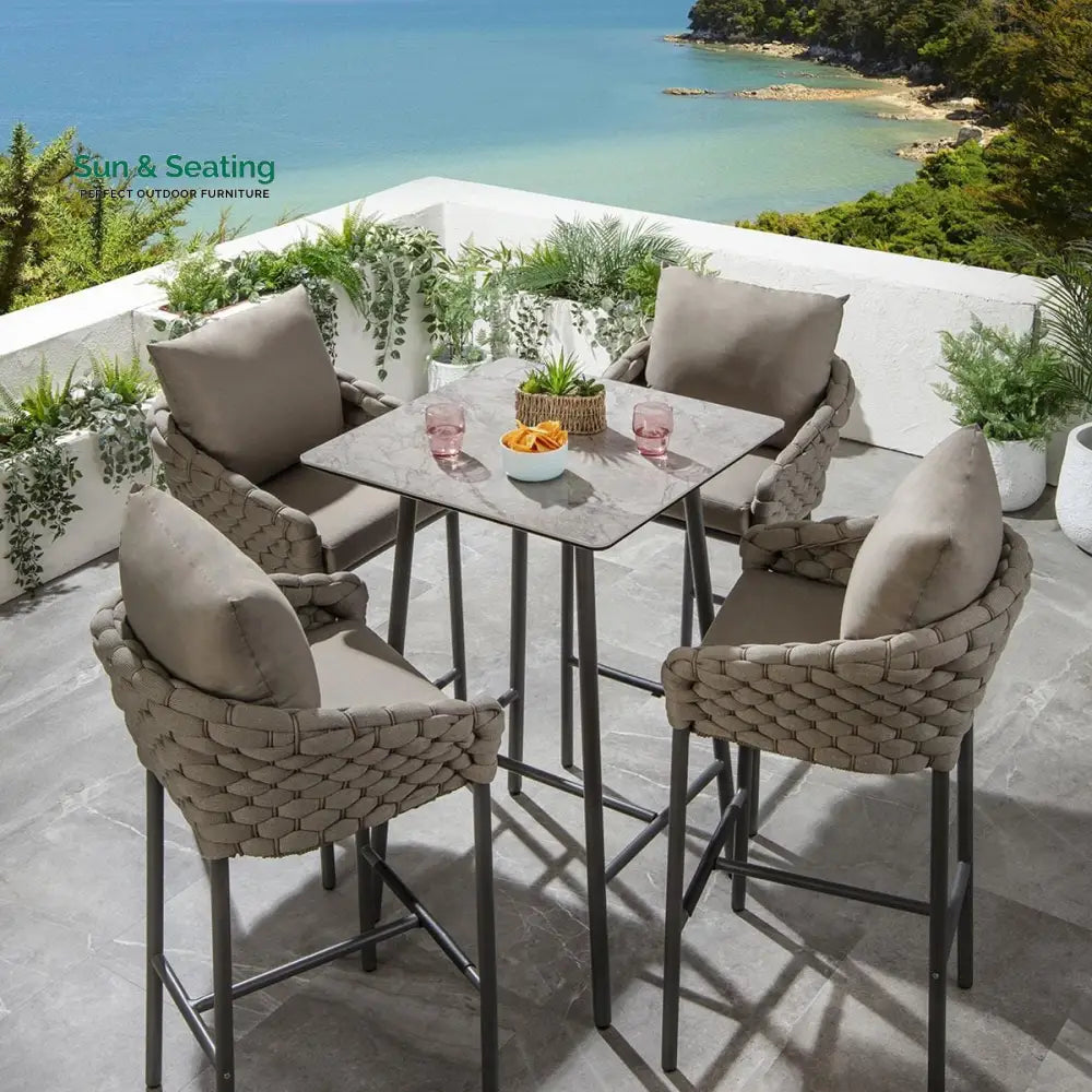 Pico Outdoor Patio Bar Set 4 Chairs and 1 Table Set (Black) Braided &amp; Rope Bar Sets