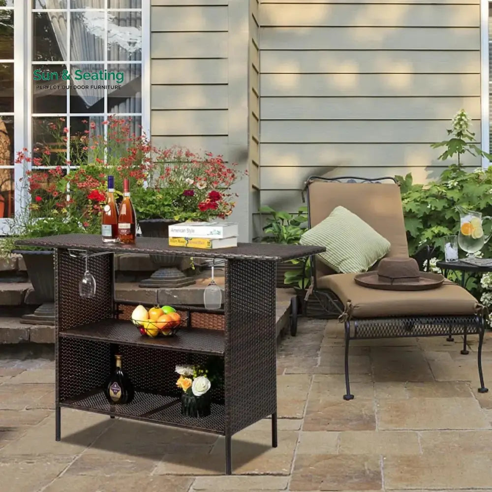 Pilar Outdoor Rattan Wicker Bar Table With Storage Selves Bar Table