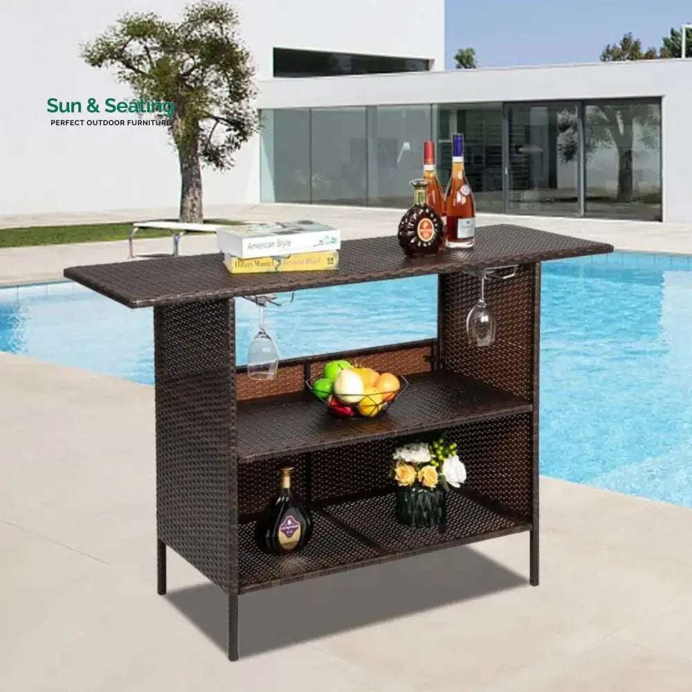 Pilar Outdoor Rattan Wicker Bar Table With Storage Selves Bar Table