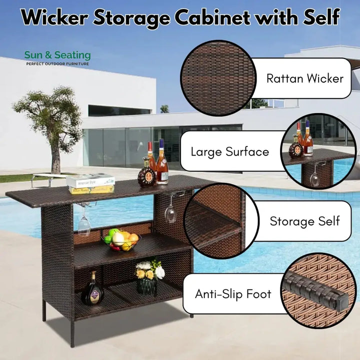 Pilar Outdoor Rattan Wicker Bar Table With Storage Selves Bar Table