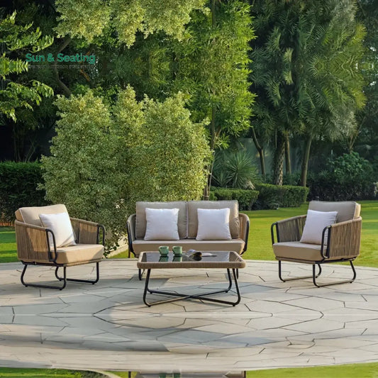 Pinon Outdoor Garden Balcony Sofa Set 2 Seater 2 Single Seater 1 Center Table Set (Beige) Braided and Rope Sofa Sets