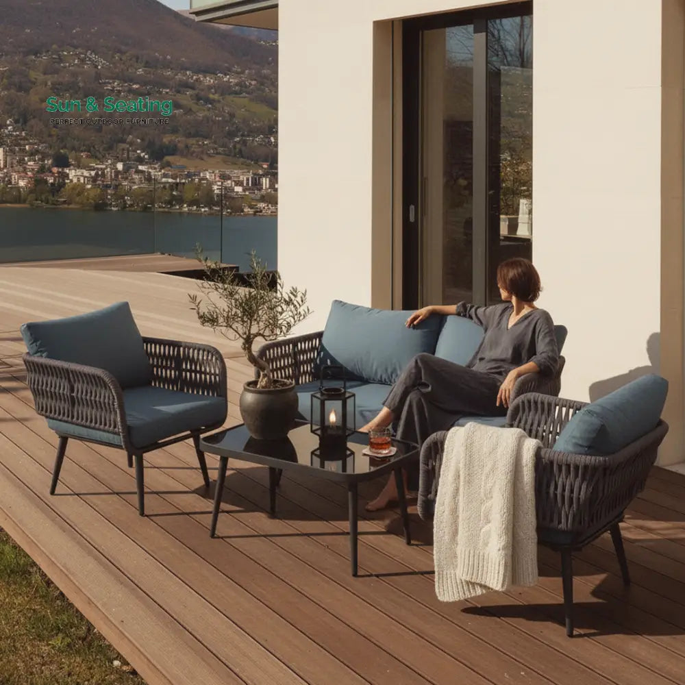 Polari Outdoor Garden Balcony Sofa Set 2 Seater 2 Single Seater 1 Center Table Set (Grey) Braided and Rope Sofa Sets