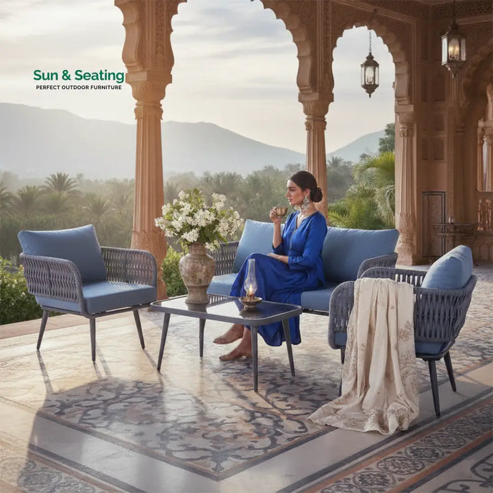 Polari Outdoor Garden Balcony Sofa Set 2 Seater 2 Single Seater 1 Center Table Set (Grey) Braided and Rope Sofa Sets
