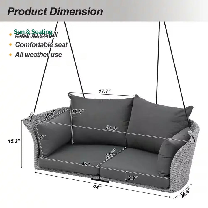 Portin Double Seater Hanging Swing Without Stand For Balcony Garden Swing (Grey) Swings