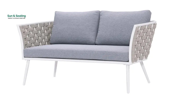 Pozen Outdoor Garden Balcony Sofa Set 2 Seater 2 Single seater and 1 Center Table Set Braid &amp; Rope (White + Cream) Sofa