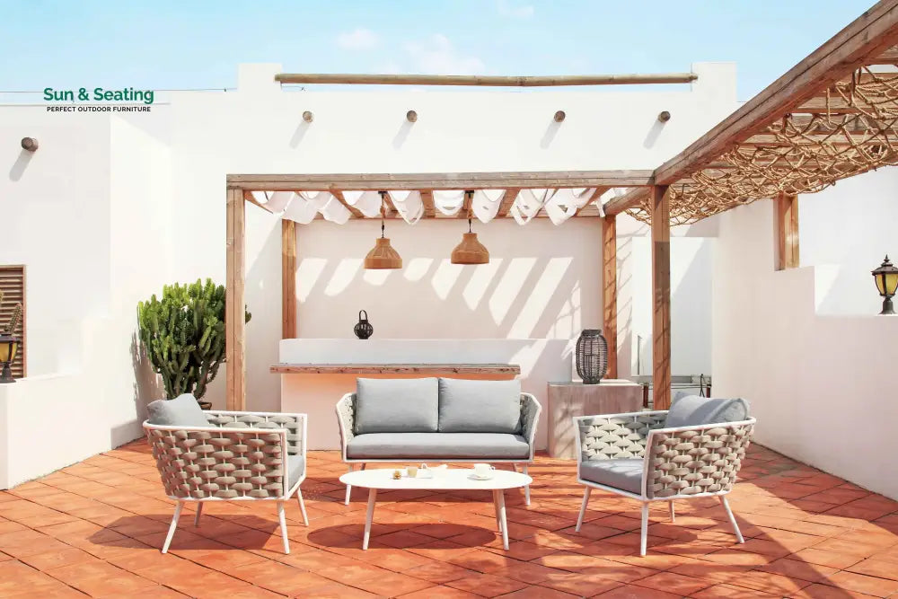 Pozen Outdoor Garden Balcony Sofa Set 2 Seater 2 Single seater and 1 Center Table Set Braid & Rope (White + Cream) Sofa