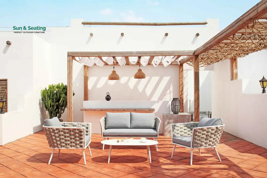 Pozen Outdoor Garden Balcony Sofa Set 2 Seater 2 Single seater and 1 Center Table Set Braid & Rope (White + Cream) Sofa