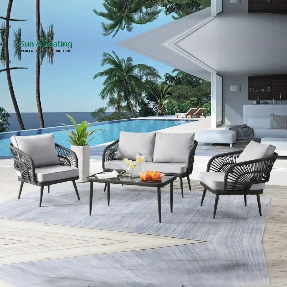 Presley Outdoor Rope 4-Piece Patio Sofa Set with Glass Top Table (Black/Light Grey) Sofa Set
