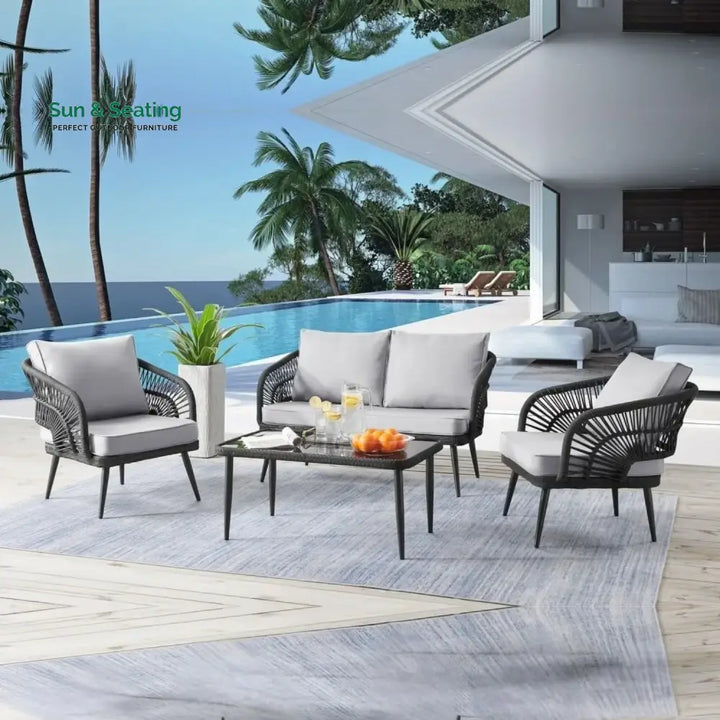 Presley Outdoor Rope 4-Piece Patio Sofa Set with Glass Top Table (Black/Light Grey) Sofa Set