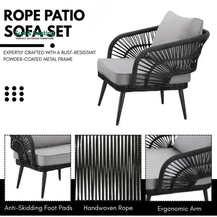 Presley Outdoor Rope 4-Piece Patio Sofa Set with Glass Top Table (Black/Light Grey) Sofa Set