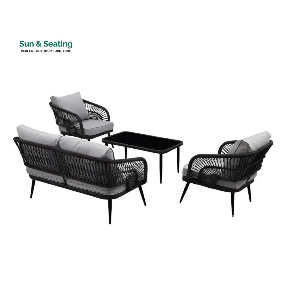 Presley Outdoor Rope 4-Piece Patio Sofa Set with Glass Top Table (Black/Light Grey) Sofa Set