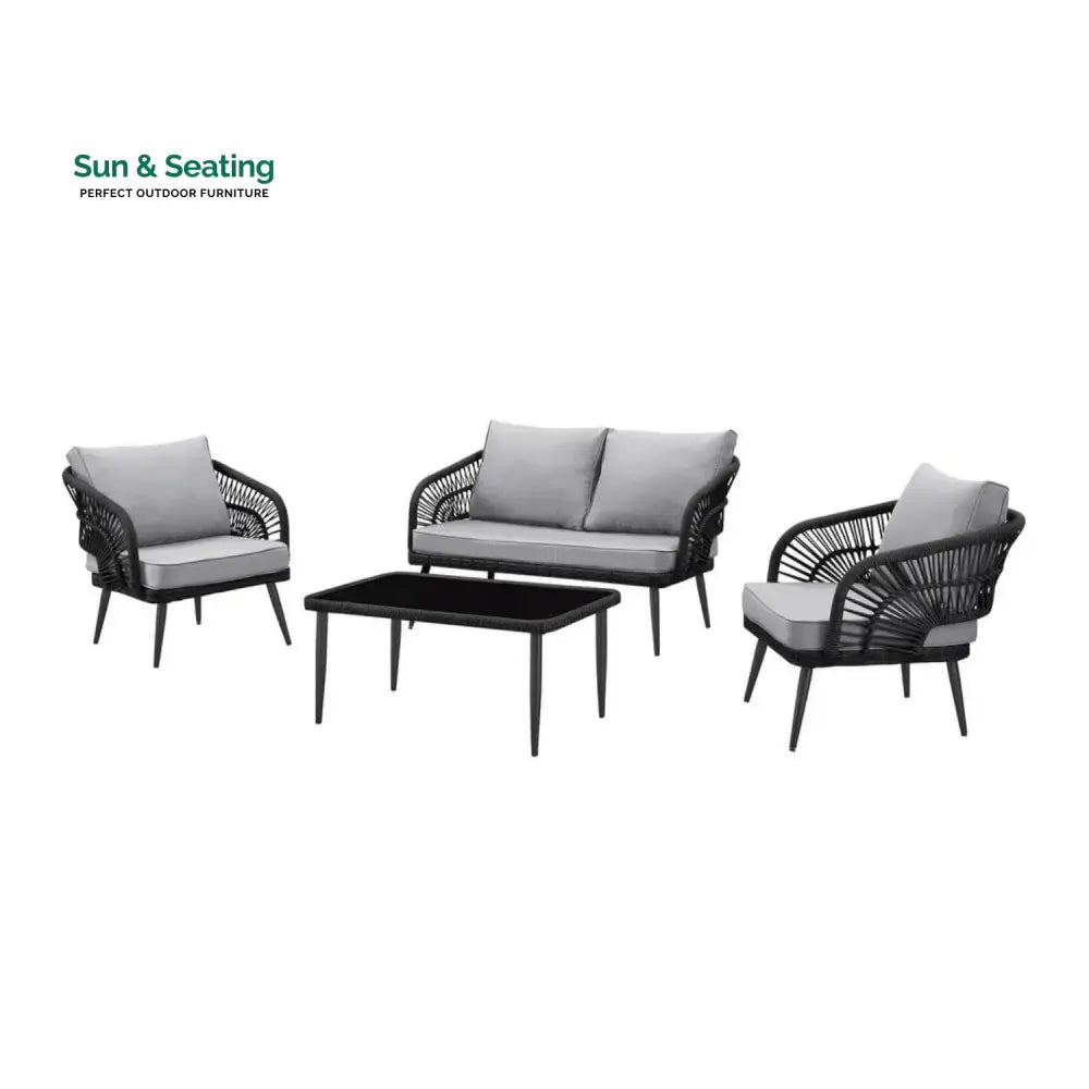 Presley Outdoor Rope 4-Piece Patio Sofa Set with Glass Top Table (Black/Light Grey) Sofa Set