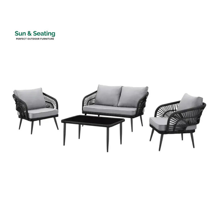 Presley Outdoor Rope 4-Piece Patio Sofa Set with Glass Top Table (Black/Light Grey) Sofa Set