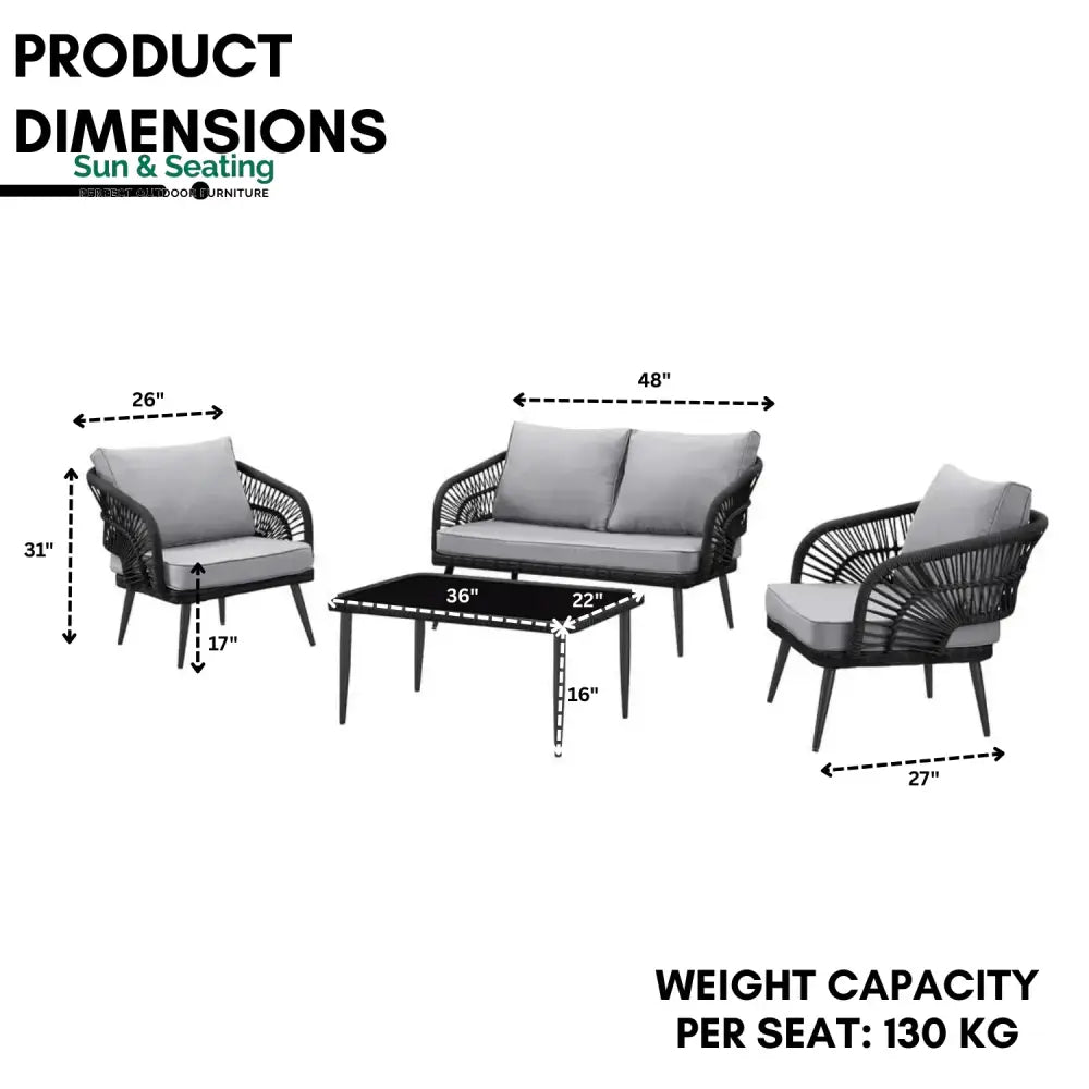 Presley Outdoor Rope 4-Piece Patio Sofa Set with Glass Top Table (Black/Light Grey) Sofa Set