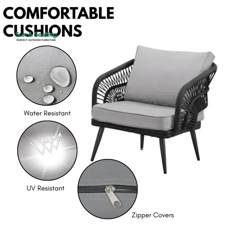 Presley Outdoor Rope 4-Piece Patio Sofa Set with Glass Top Table (Black/Light Grey) Sofa Set