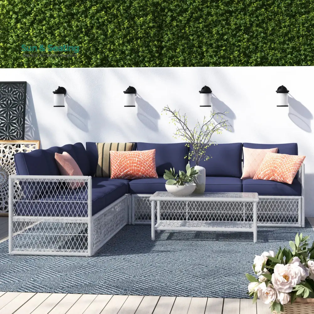 Promo Outdoor Sofa Set 7 Seater and 1 Center Table Set (White + Blue) Sofa Sets