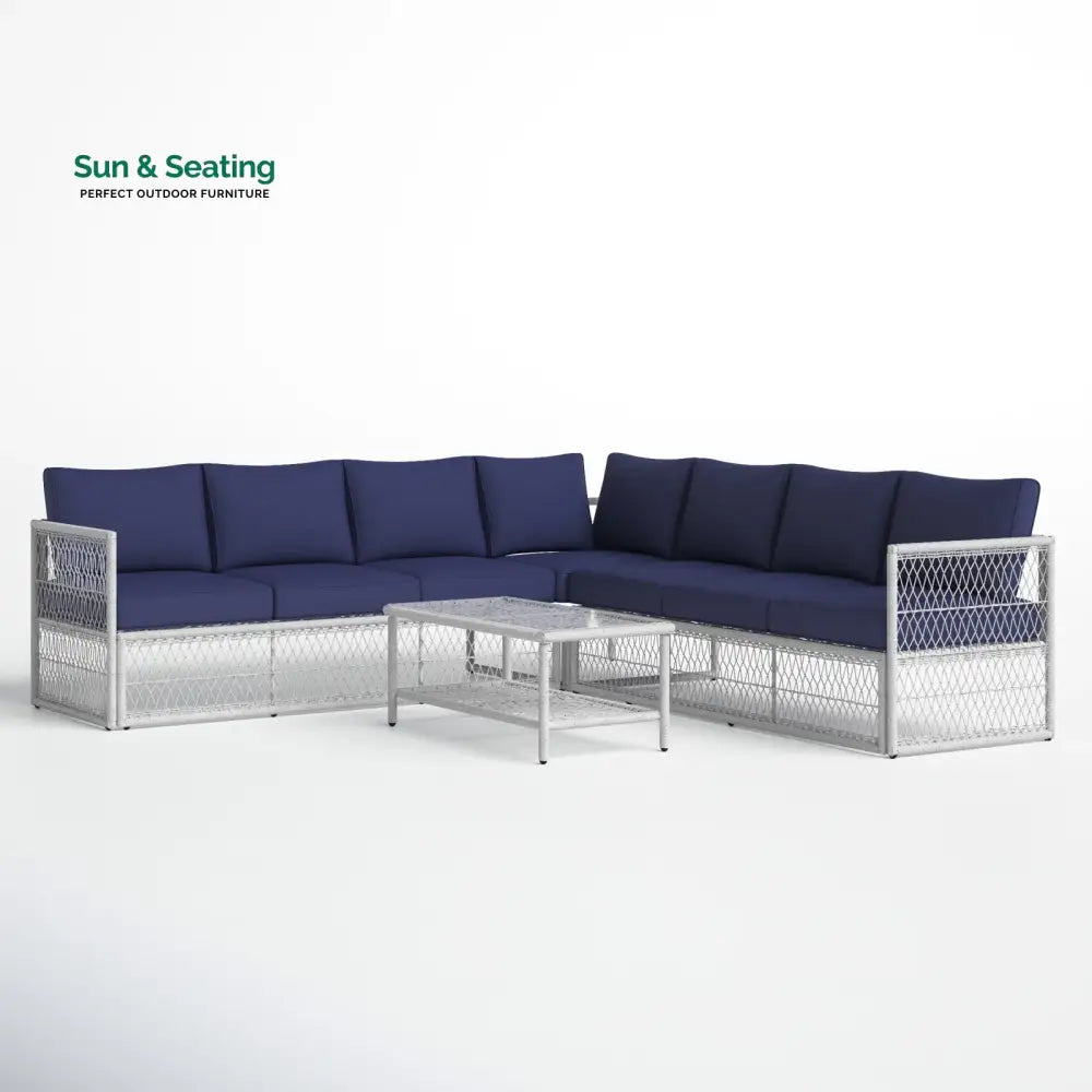 Promo Outdoor Sofa Set 7 Seater and 1 Center Table Set (White + Blue) Sofa Sets