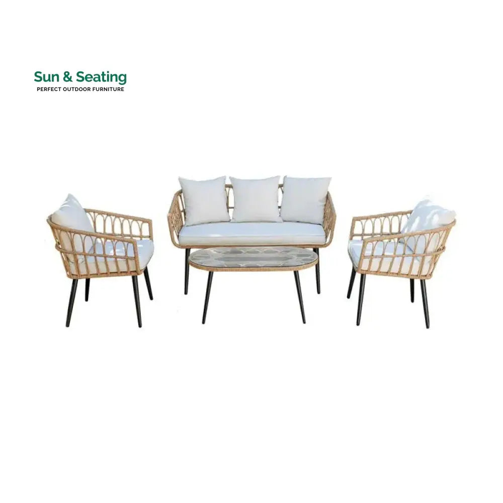 Pyro Outdoor Garden Balcony Sofa Set 2 Seater 2 Single seater and 1 Table Set (White + Tan) Sofa Sets
