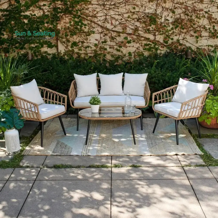 Pyro Outdoor Garden Balcony Sofa Set 2 Seater 2 Single seater and 1 Table Set (White + Tan) Sofa Sets