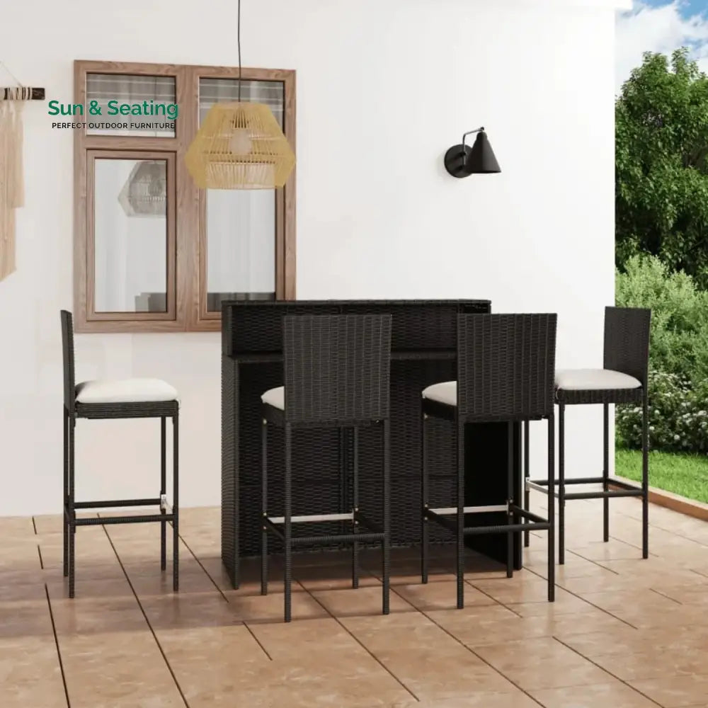 Qing 5-Piece Outdoor Rattan Wicker Bar Set with Wicker Top Table Bar Set