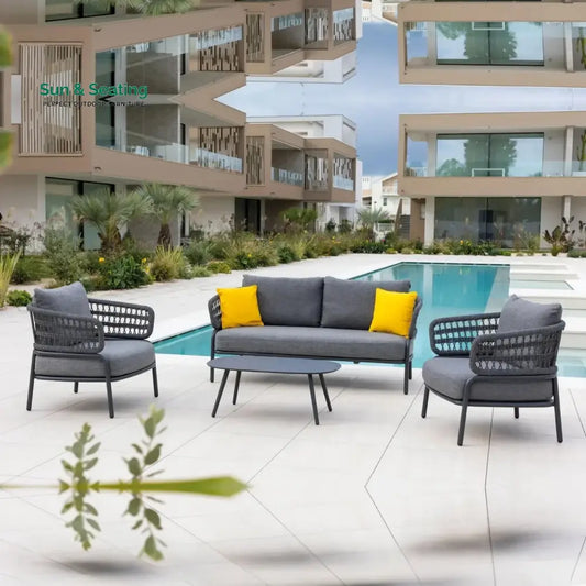 Raelynn Outdoor Rope 4-Piece Patio Sofa Set with Glass Top Table (Grey) Sofa Set