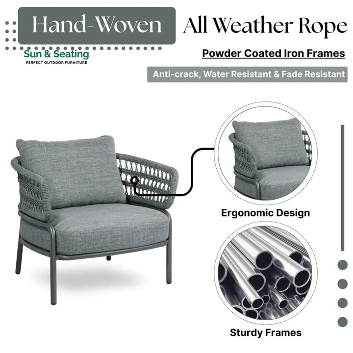 Raelynn Outdoor Rope 4-Piece Patio Sofa Set with Glass Top Table (Grey) Sofa Set